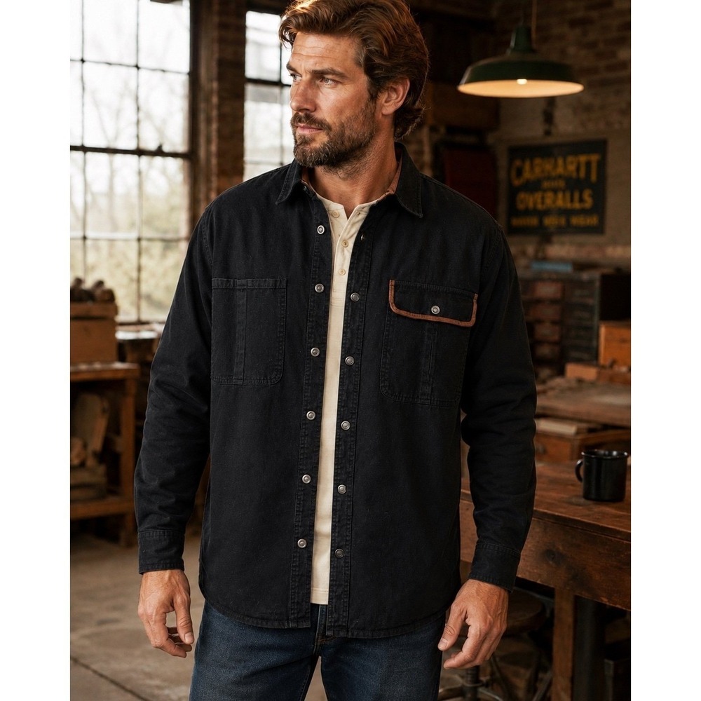 Men's XL Cotton Work Shirt Jacket Black‎ Brown Snap Front Utility Overshirt